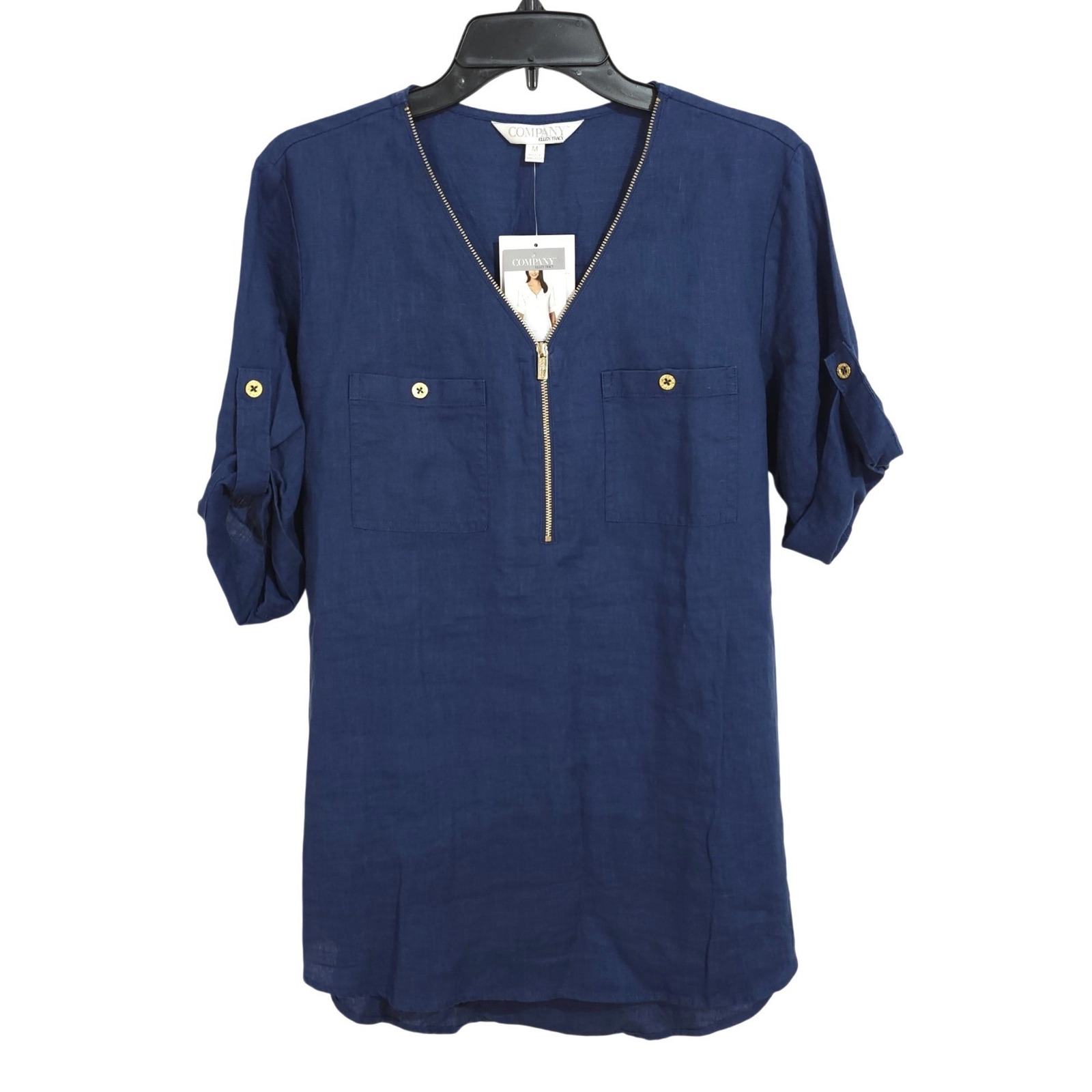 New Ellen Tracy Company 100% Linen Zip V-Neck Roll-Tab Tunic Top Medium Indigo